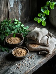 Aufkleber - Bowls and sacks filled with lentils, beans, and chickpeas rest on a rustic wooden table, surrounded by greenery. Generative AI