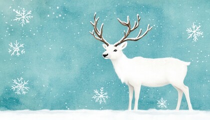 Wall Mural - White reindeer standing in snowy landscape with blue sky and snowflakes.