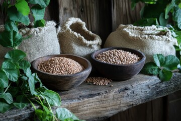 Poster - Bowls and sacks on a wooden table showcase an assortment of lentils, beans, and chickpeas, accented by lush greenery. Generative AI