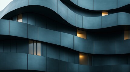 Wall Mural - Building with a blue facade and windows. The windows are lit up, giving the building a warm and inviting atmosphere