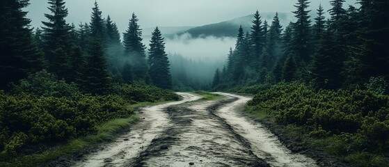 Wall Mural - forest road with a foggy mist in the background. the road is muddy and wet, and the trees are tall a
