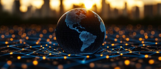 Aufkleber - Globe is surrounded by a network of lights. The globe is black and the lights are orange
