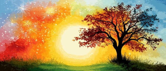 Wall Mural - painting of a tree with a sun in the background. the sun is setting and the sky is orange and red. t