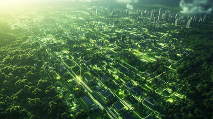 Poster - Sprawling green community with Digital smart city infrastructure and rapid data network. Digital city, smart society, smart homes, digital community. DX, IOT, digital network concept
