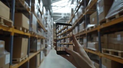Aufkleber - A hand holds a smartphone taking a picture of a warehouse aisle full of shelves with cardboard boxes.