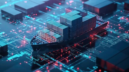 Poster - Cargo ship on a digital circuit board, symbolizing the global interconnectedness of trade and technology.