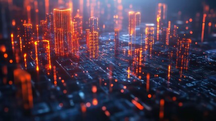 Aufkleber - A futuristic cityscape with glowing skyscrapers and intricate digital infrastructure, rendered in a 3D style.