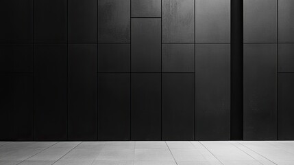 Poster - Modern Minimalist Black Wall with Textured Panels and Concrete Floor, Perfect for Abstract Art and Contemporary Architectural Backgrounds