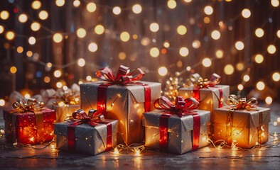 Fototapete - Stack of presents with red bows on them