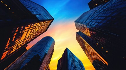 Aufkleber - Tall skyscrapers create a striking silhouette against a colorful sunset, highlighting architectural features against the evening glow. Generative AI