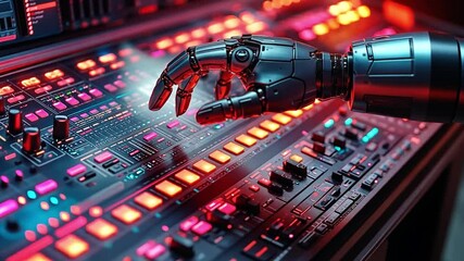 Poster - A robotic hand interacting with a digital synthesizer in a dimly lit studio setting