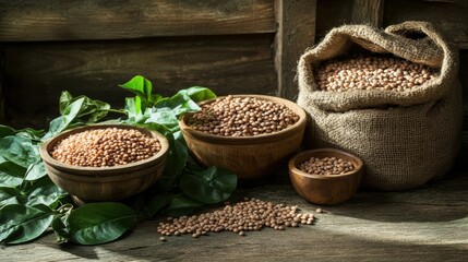 Poster - Bowls and sacks filled with colorful lentils, beans, and chickpeas are artfully arranged on a rustic wooden table with greenery. Generative AI