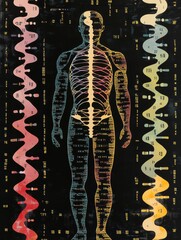 Poster - An artistic overlay combines the structure of human anatomy with rows of genetic code, symbolizing the link to DNA. Generative AI