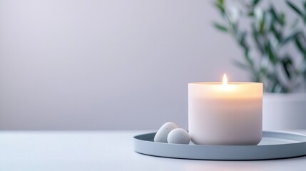 Canvas Print - A candle is lit on a white tray with two white eggs and a green plant