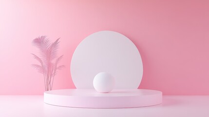 Poster - Minimalist White Sphere on Pink Platform with Tropical Leaves Perfect for Modern Interior Design and Creative Backgrounds