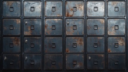 Poster - Vintage Industrial Metal Lockers with Rusted Texture, Organized Rows of Storage Units for Personal or Office Use, Background with Dark Patina and Wear Patterns