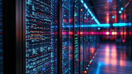 Poster - Illuminated data center corridor showcasing vibrant server racks and network activity at night