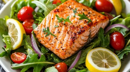 Poster - A close-up of a grilled salmon fillet on a bed of mixed greens, cherry tomatoes, red onion, and lemon wedges.