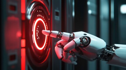 Poster - Regulatory compliance business concept. Robot hand pressing button 3d render.