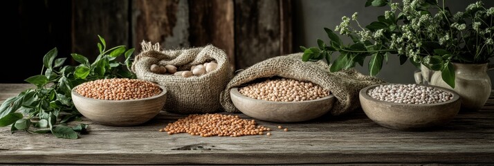 Poster - Bowls and burlap sacks display an assortment of lentils, beans, and chickpeas on a rustic wooden table adorned with greenery. Generative AI