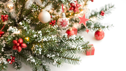 Wall Mural - new year's decor from branches of a christmas tree and new year's toys with lights of light bulbs, s