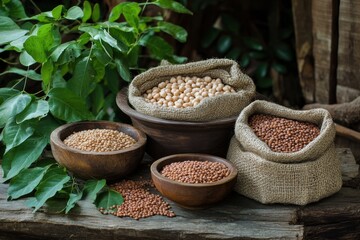 Poster - Brightly colored lentils, beans, and chickpeas are displayed in rustic bowls and sacks on a wooden table, set among lush green foliage. Generative AI