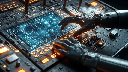 Poster - A robotic hand navigates a high-tech interface with data and interactive features
