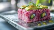 © Mykhailo - Creative fusion sushi with vibrant pink beetroot rice, avocado, and edible gold leaf, artfully presented on a glass plate with minimalistic decor, highlighting an innovative approach to sushi design.