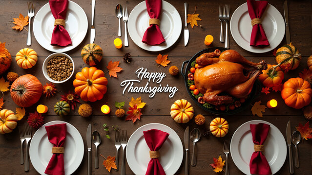 Autumn Harvest Thanksgiving Spread with Warm Lighting, Festive Decorations, Seasonal Foods, and Cozy Rustic Table