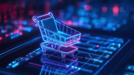 Poster - A glowing shopping cart icon on a digital background, representing online shopping and e-commerce.