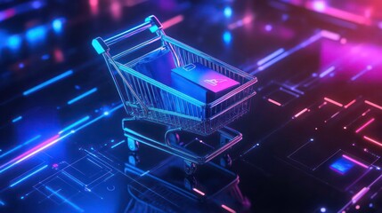 Poster - online shopping ,Creation of mobile and desktop software. Process optimization, modern neon-blue,technology concept