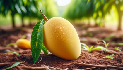 Wall Mural - closeup ripe yellow mango fruit in a mango farm with leaves