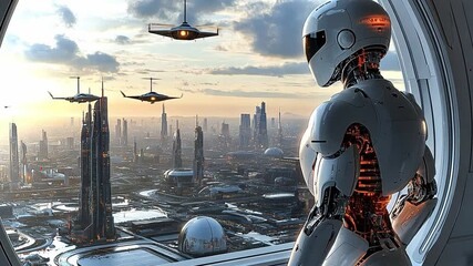Poster - Robot observes a futuristic cityscape filled with flying vehicles at sunrise