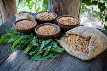 Poster - Brightly colored bowls and bags filled with assorted lentils, beans, and chickpeas create a rustic charm on a weathered wooden table. Generative AI