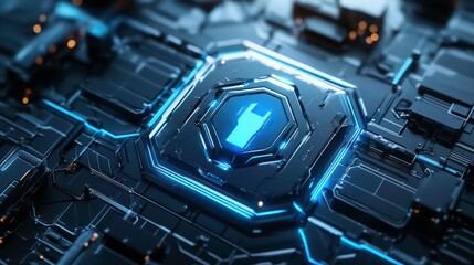 Leinwandbilder - Futuristic digital interface with a glowing blue lock symbol in the center of a circuit board.