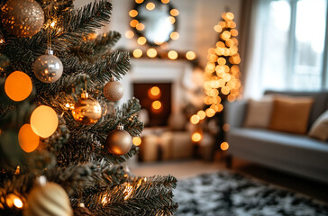 Aufkleber - A close-up view of a Christmas tree decorated with gold and beige ornaments