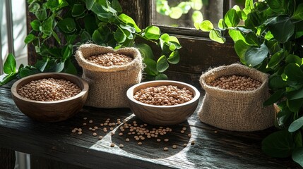 Poster - Lentils, beans, and chickpeas fill bowls and sacks on a rustic wooden table, illuminated by soft daylight and framed by greenery. Generative AI