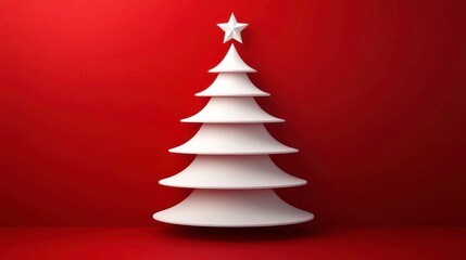 Wall Mural - A simple white Christmas tree with a star on top against a red background.