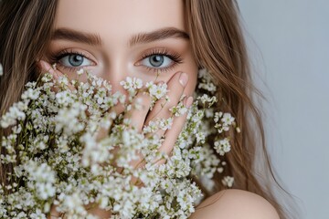 Poster - A woman holds a bouquet of white flowers in front of her face, concealing her identity