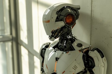 Poster - A detailed view of a robot's face on a wall, perfect for futuristic or sci-fi themed projects