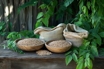 Poster - Bowls and sacks are filled with lentils, beans, and chickpeas displayed on a rustic wooden table surrounded by greenery. Generative AI