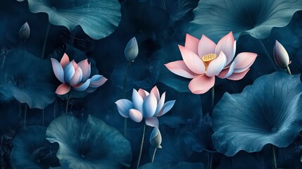 Poster - A serene scene of pink and blue lotus flowers blooming amongst large green leaves.