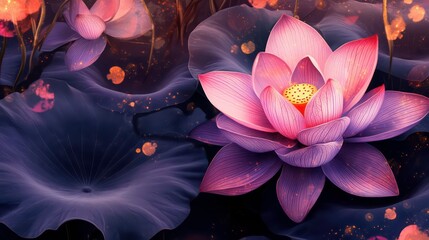 Poster - A single pink lotus flower blooms in a pond, surrounded by lily pads and shimmering light.