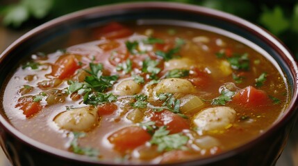 Wall Mural - A bowl of hot and flavorful soup filled with meat and mixed vegetables, perfect for a comforting meal