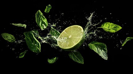 Poster - A lime wedge and mint leaves are suspended in a splash of water against a black background.