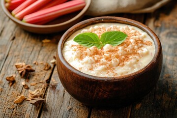 Wall Mural - A bowl of food with a green leaf placed on top, often used as a centerpiece or decoration