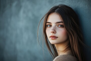 Wall Mural - A beautiful young woman resting against a wall with a relaxed expression