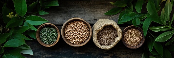 Poster - A rustic wooden table showcases bowls and sacks filled with colorful lentils, beans, and chickpeas, enhanced by lush green leaves. Generative AI