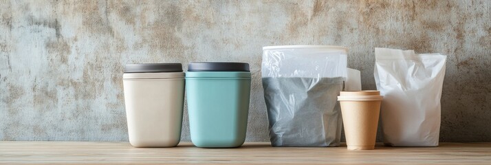 Aufkleber - A collection of reusable containers highlights the contrast with single-use plastic items, promoting eco-friendly choices for daily life. Generative AI
