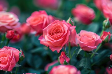 Wall Mural - A close-up shot of a field of pink roses surrounded by lush green leaves